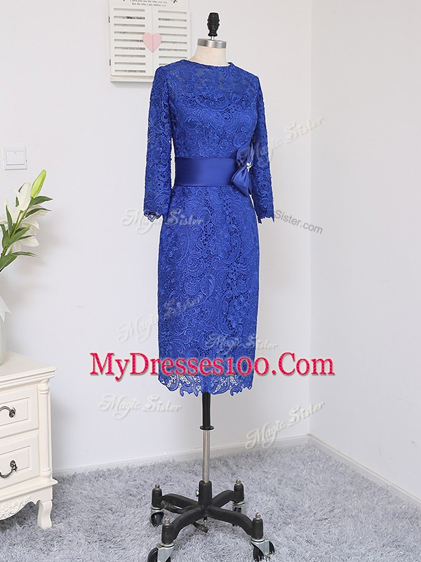 Super Column/Sheath Mother Of The Bride Dress Royal Blue Scoop Lace Long Sleeves Knee Length Zipper