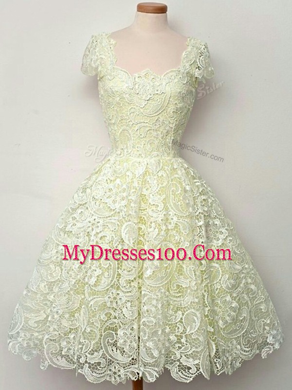 Fabulous Cap Sleeves Lace Knee Length Lace Up Dama Dress in Yellow with Lace