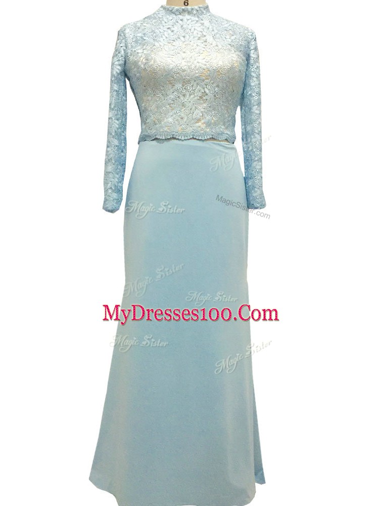 Floor Length Light Blue Mother of Groom Dress Chiffon Long Sleeves Lace