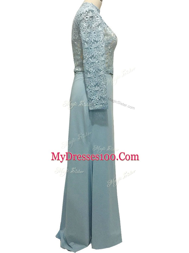 Floor Length Light Blue Mother of Groom Dress Chiffon Long Sleeves Lace