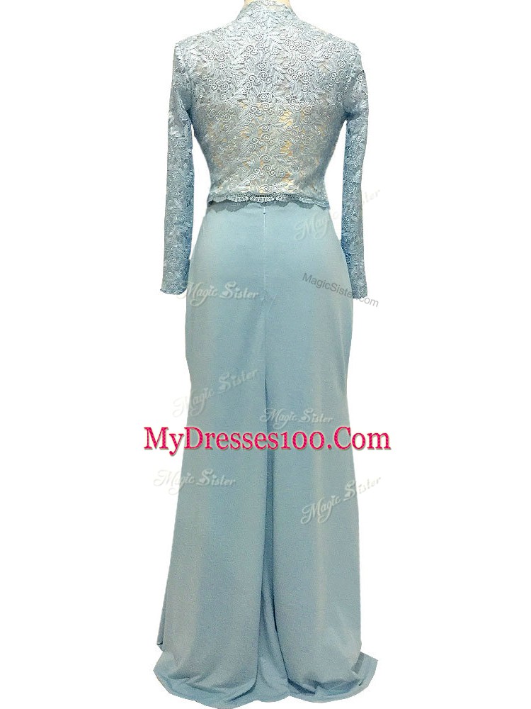 Floor Length Light Blue Mother of Groom Dress Chiffon Long Sleeves Lace