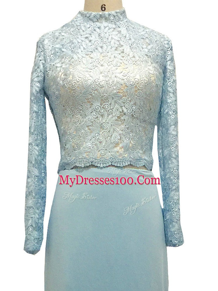 Floor Length Light Blue Mother of Groom Dress Chiffon Long Sleeves Lace