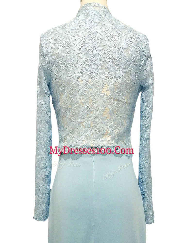 Floor Length Light Blue Mother of Groom Dress Chiffon Long Sleeves Lace