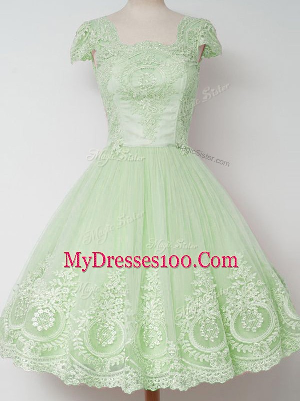 Trendy Tulle Zipper Square Cap Sleeves Knee Length Bridesmaid Dresses Lace