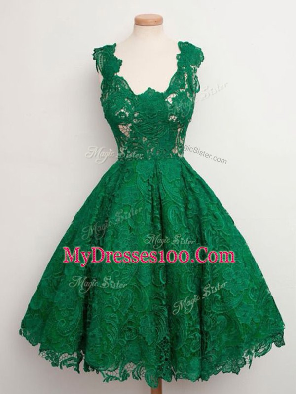 Sleeveless Lace Knee Length Zipper Bridesmaid Dresses in Green with Lace