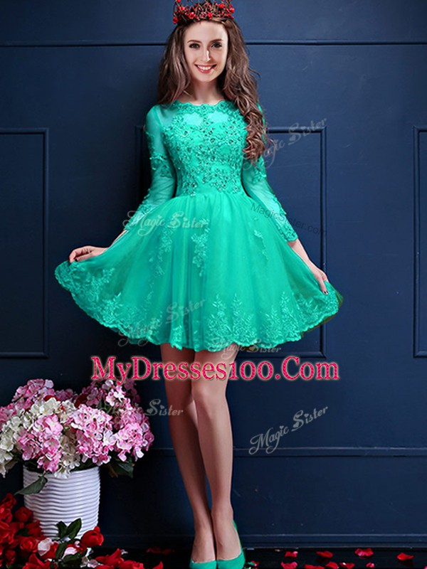 Custom Made Scalloped 3 4 Length Sleeve Bridesmaid Gown Mini Length Beading and Lace and Appliques Turquoise Chiffon