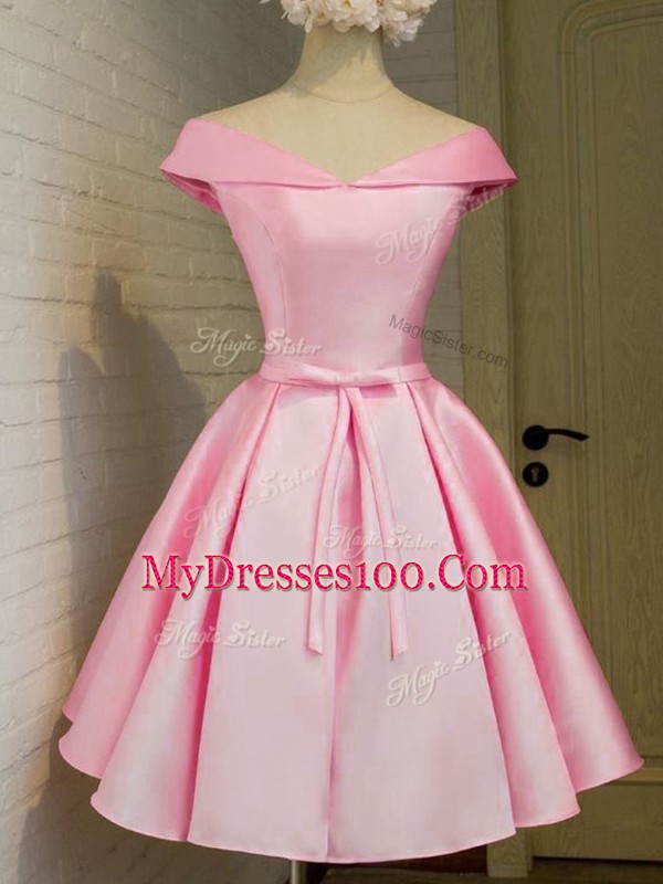 Pink Cap Sleeves Knee Length Belt Lace Up Quinceanera Court of Honor Dress