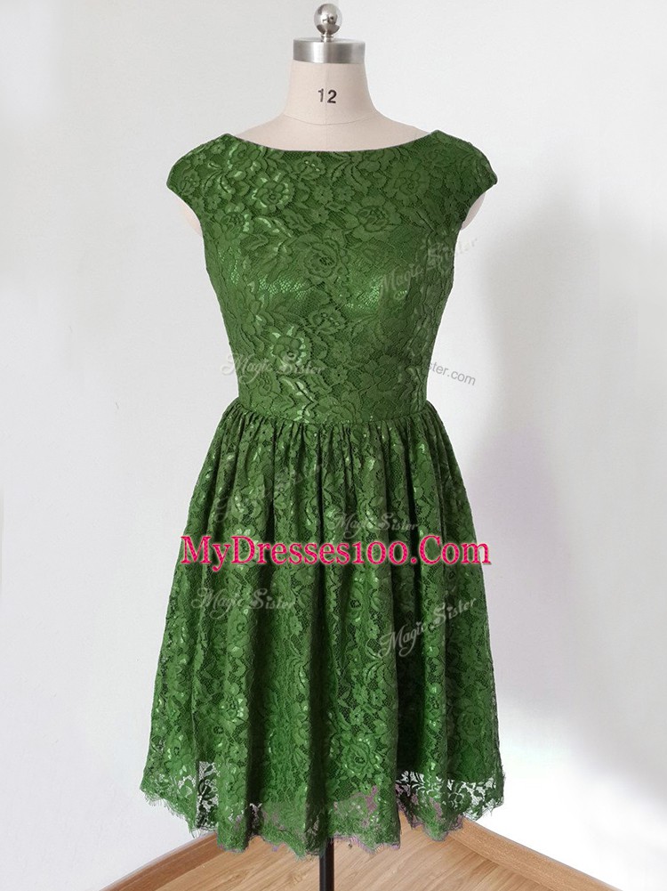Fashion Olive Green Scoop Lace Up Lace Dama Dress for Quinceanera Cap Sleeves