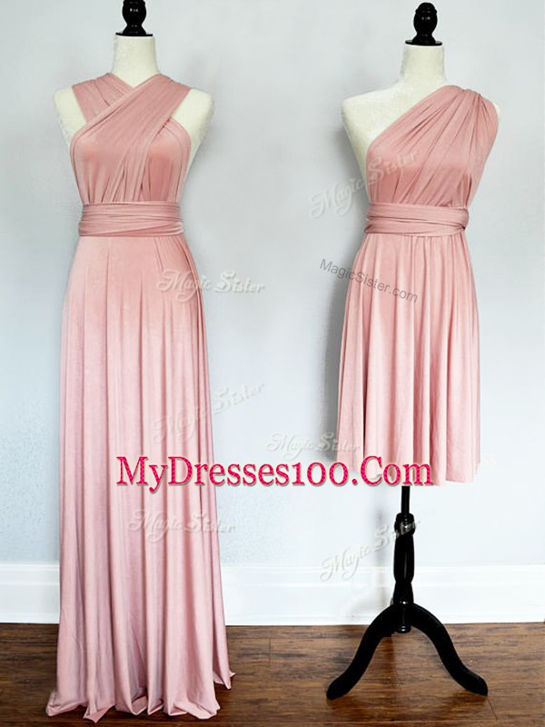 Pink Chiffon Lace Up Bridesmaids Dress Sleeveless Floor Length Ruching