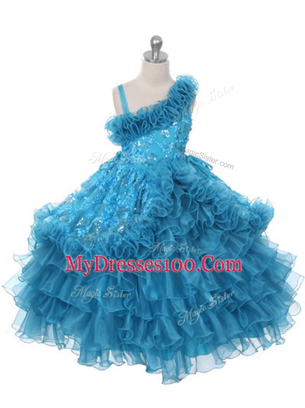 Asymmetric Sleeveless Little Girls Pageant Dress Wholesale Floor Length Lace and Ruffles and Ruffled Layers Teal Organza