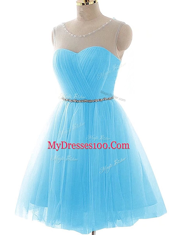 Stunning Scoop Sleeveless Dress for Prom Mini Length Beading and Ruching Aqua Blue Tulle
