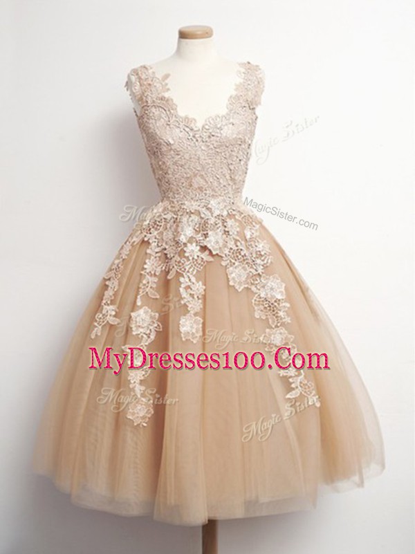 Tulle Sleeveless Knee Length Vestidos de Damas and Appliques