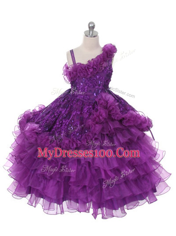 Cute Purple Sleeveless Organza Lace Up Little Girls Pageant Gowns for Wedding Party