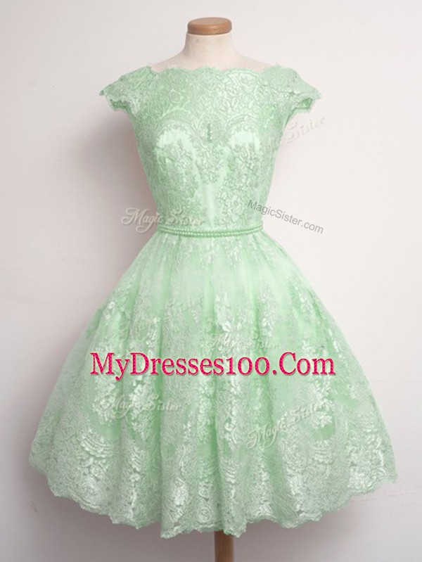 A-line Scalloped Cap Sleeves Lace Knee Length Lace Up Lace Damas Dress