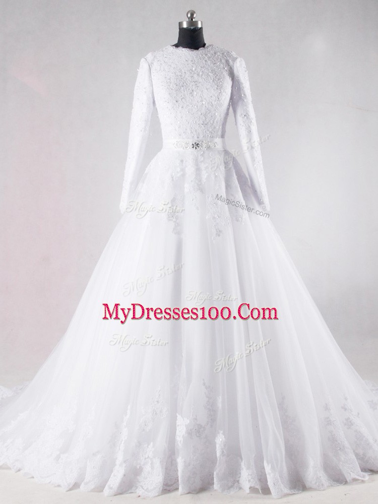 Eye-catching White Tulle Lace Up Scalloped Long Sleeves Bridal Gown Brush Train Lace and Belt