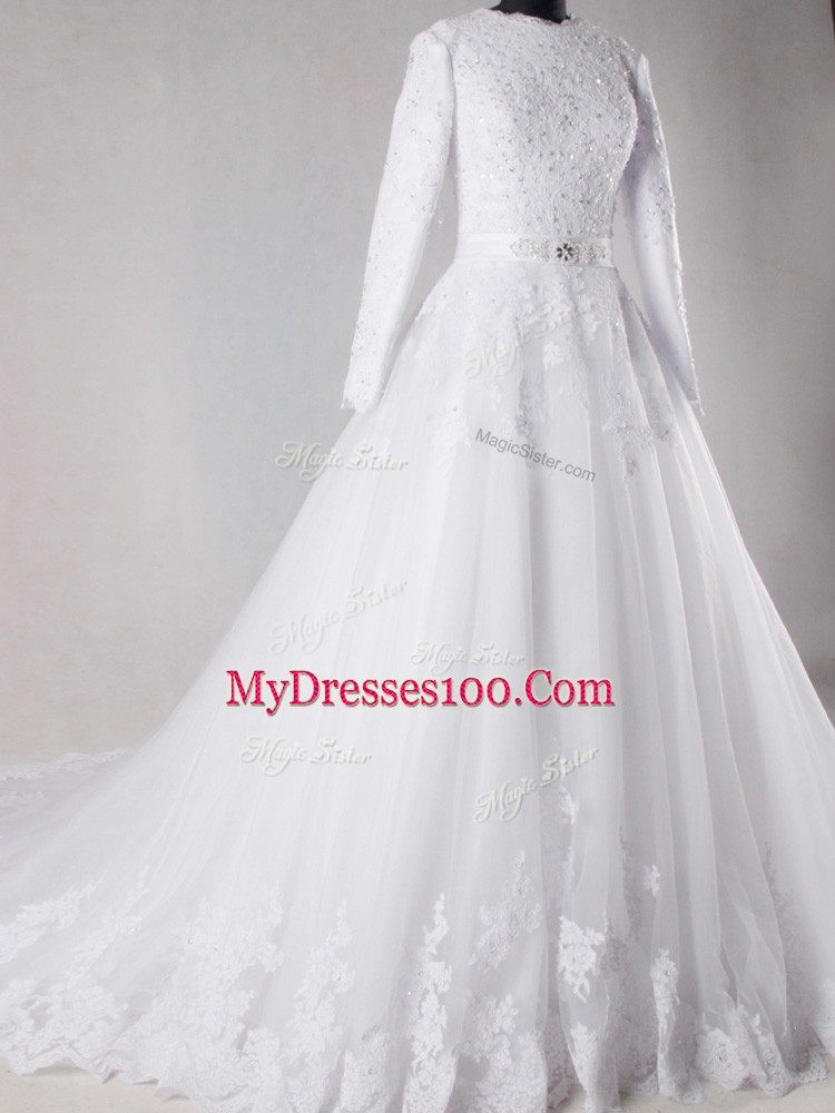Eye-catching White Tulle Lace Up Scalloped Long Sleeves Bridal Gown Brush Train Lace and Belt