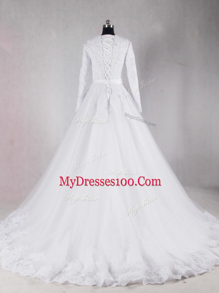Eye-catching White Tulle Lace Up Scalloped Long Sleeves Bridal Gown Brush Train Lace and Belt