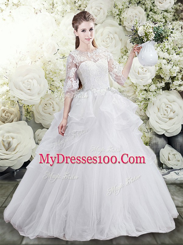 White Scoop Lace Up Lace and Ruffles Wedding Gowns Brush Train Half Sleeves