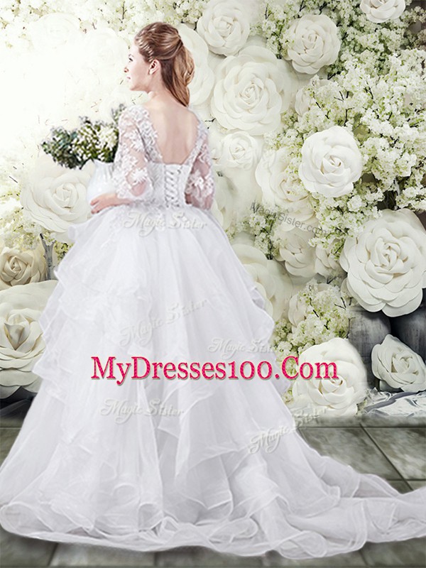 White Scoop Lace Up Lace and Ruffles Wedding Gowns Brush Train Half Sleeves