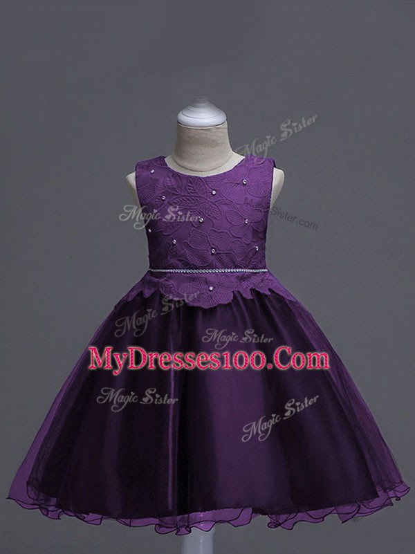 Knee Length Ball Gowns Sleeveless Dark Purple Little Girls Pageant Dress Zipper
