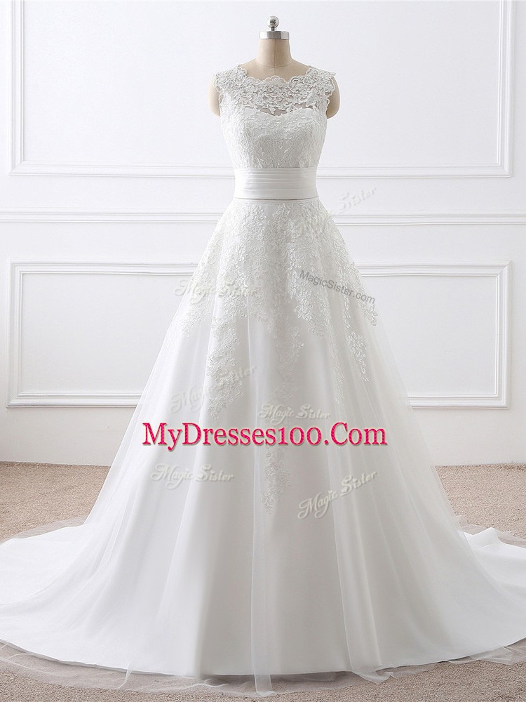 Clearance Scoop Sleeveless Tulle Wedding Dresses Lace Brush Train Zipper