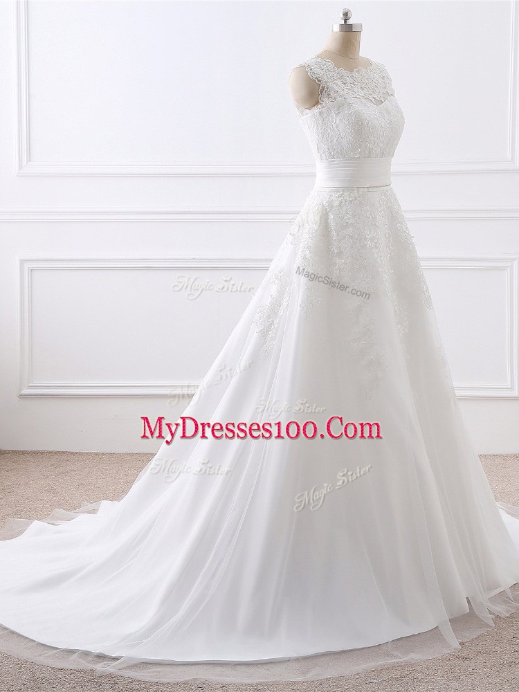 Clearance Scoop Sleeveless Tulle Wedding Dresses Lace Brush Train Zipper