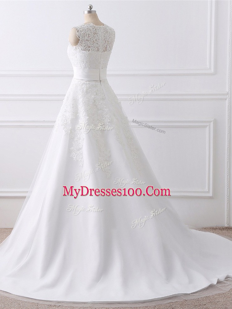 Clearance Scoop Sleeveless Tulle Wedding Dresses Lace Brush Train Zipper