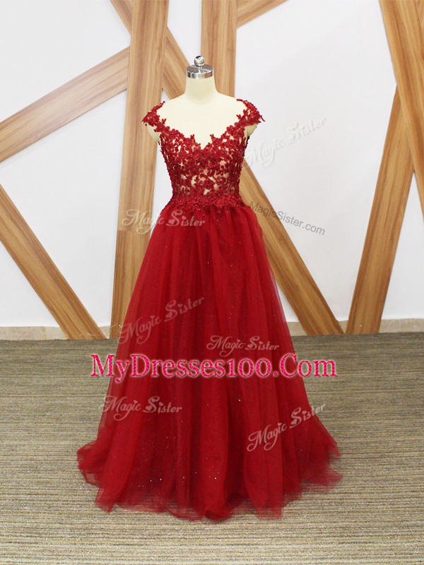 Red Sleeveless Floor Length Lace and Appliques Criss Cross