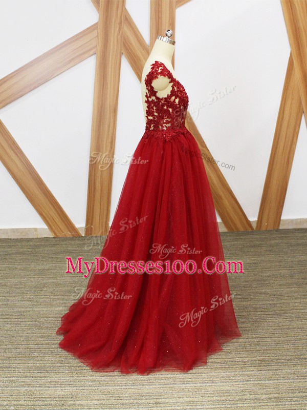 Red Sleeveless Floor Length Lace and Appliques Criss Cross