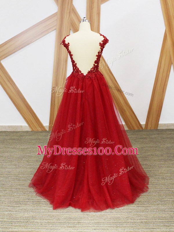 Red Sleeveless Floor Length Lace and Appliques Criss Cross