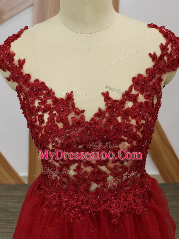 Red Sleeveless Floor Length Lace and Appliques Criss Cross
