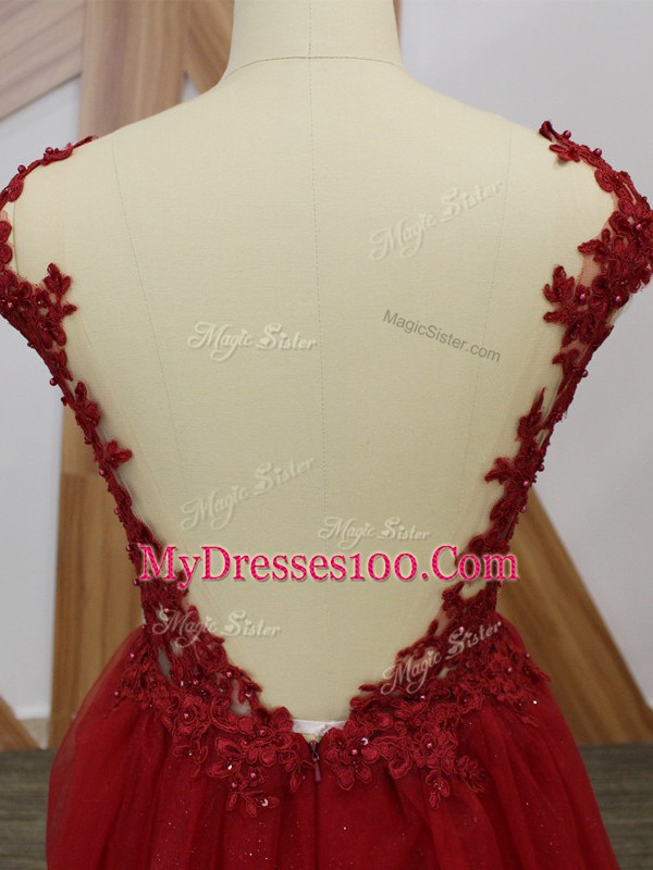 Red Sleeveless Floor Length Lace and Appliques Criss Cross