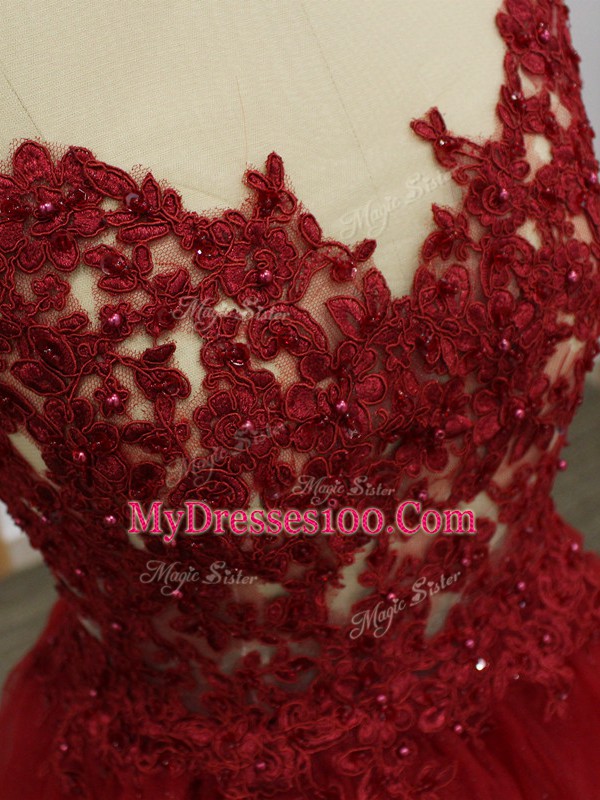 Red Sleeveless Floor Length Lace and Appliques Criss Cross