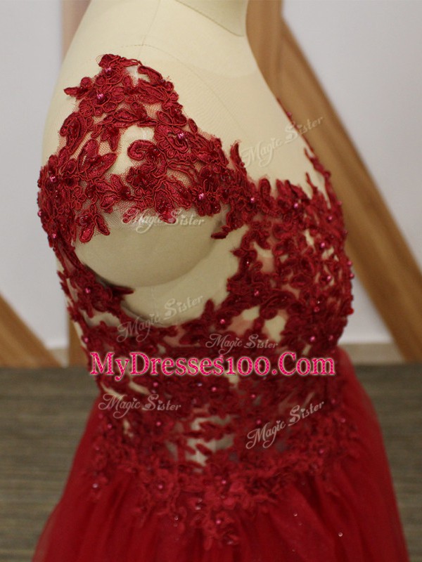 Red Sleeveless Floor Length Lace and Appliques Criss Cross