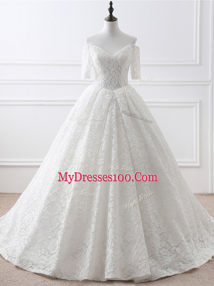 White Half Sleeves Brush Train Lace and Appliques Wedding Gown