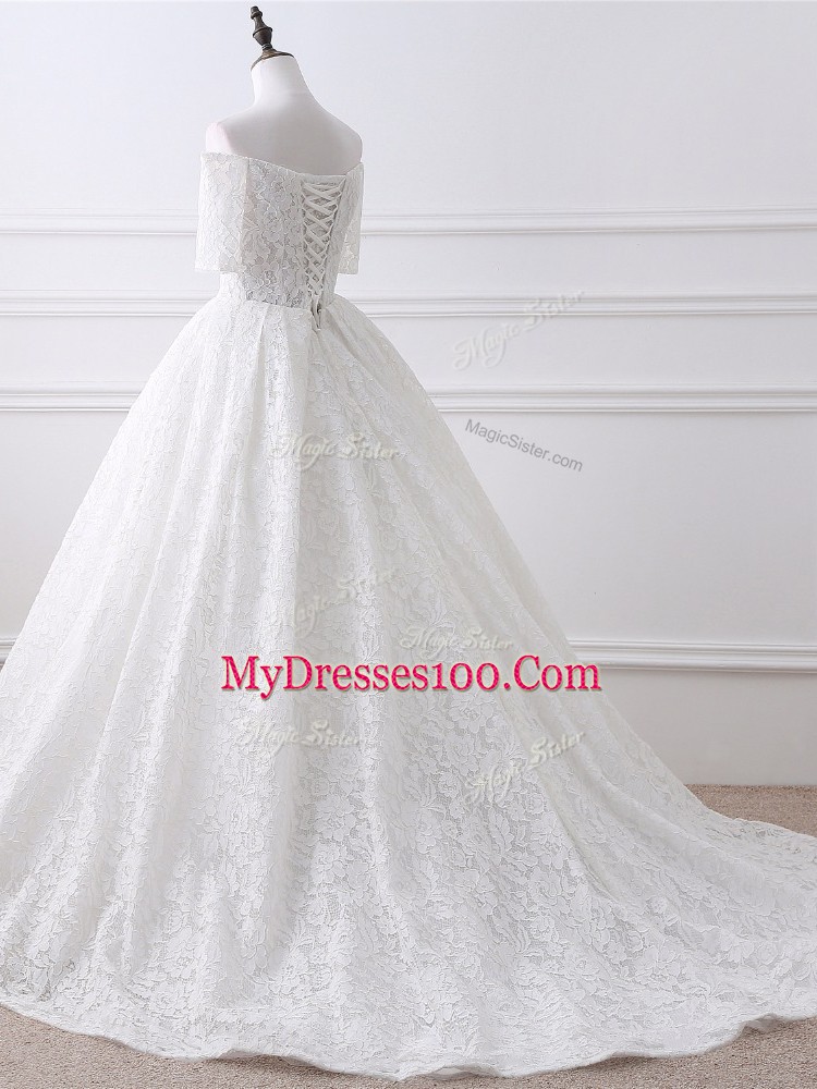White Half Sleeves Brush Train Lace and Appliques Wedding Gown