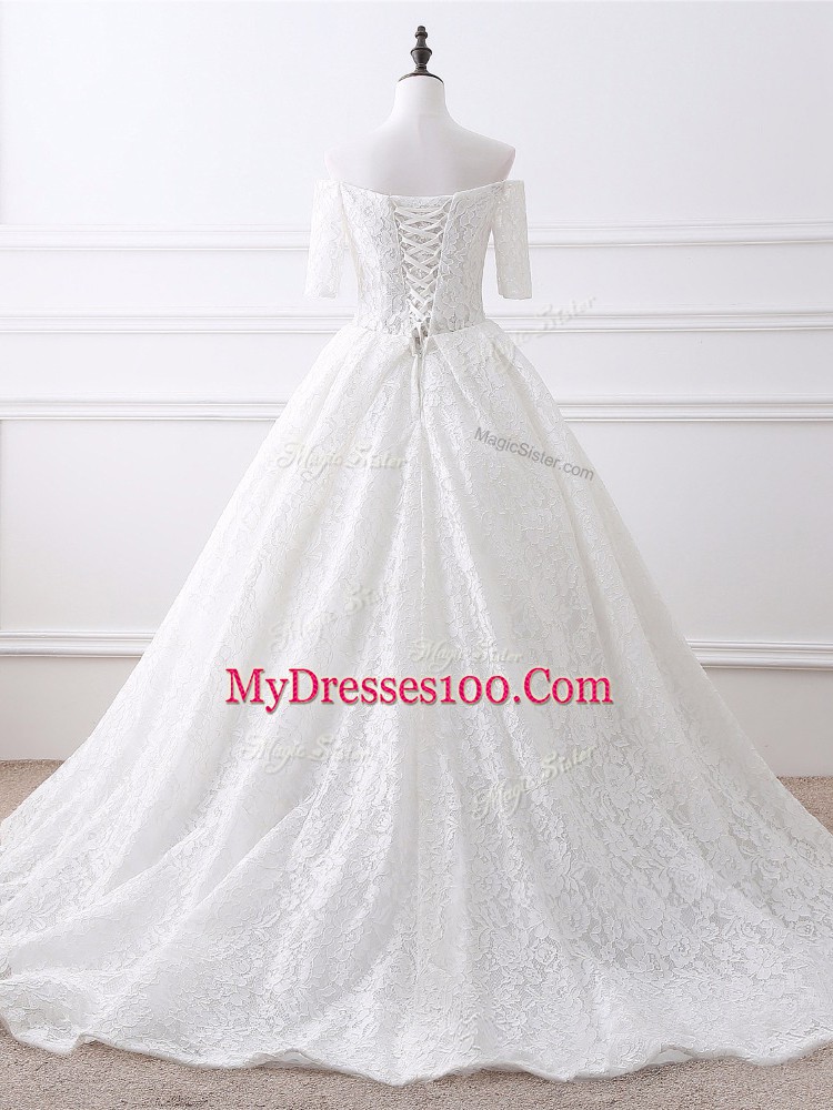 White Half Sleeves Brush Train Lace and Appliques Wedding Gown