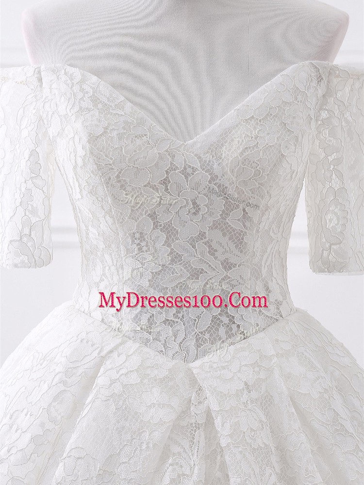 White Half Sleeves Brush Train Lace and Appliques Wedding Gown