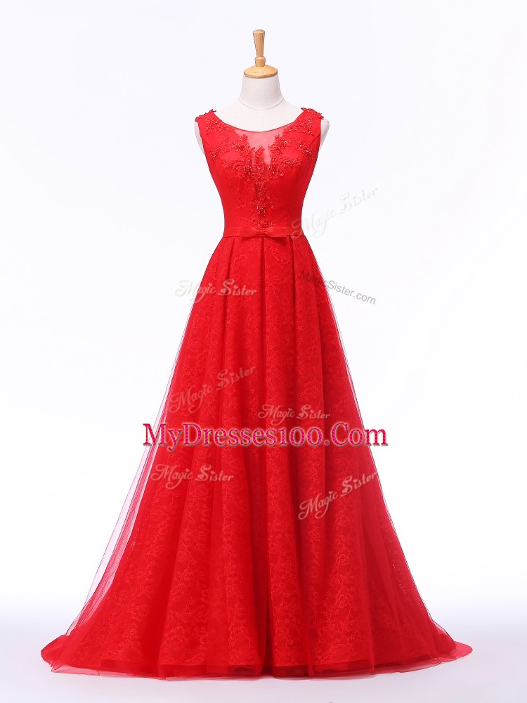 Glittering Red Sleeveless Lace and Appliques and Belt Lace Up Prom Dress