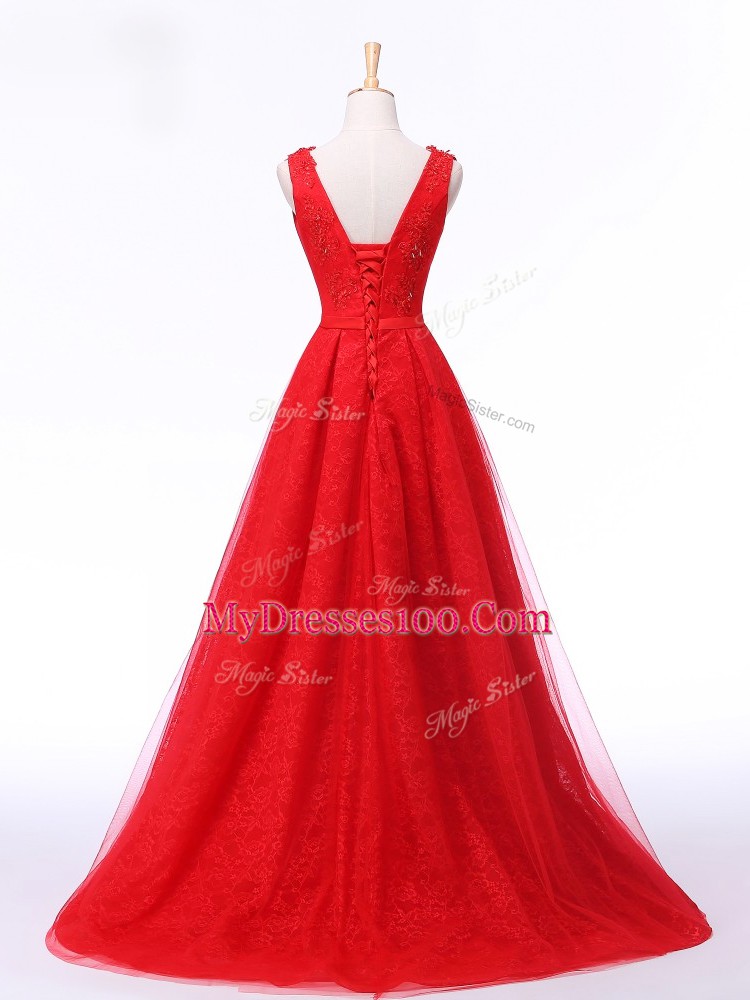 Glittering Red Sleeveless Lace and Appliques and Belt Lace Up Prom Dress