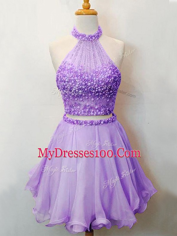 Sleeveless Knee Length Beading Lace Up Bridesmaid Dress with Lavender
