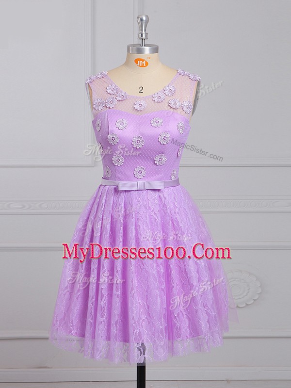 Lilac Lace Lace Up Bridesmaid Dress Sleeveless Mini Length Appliques and Belt