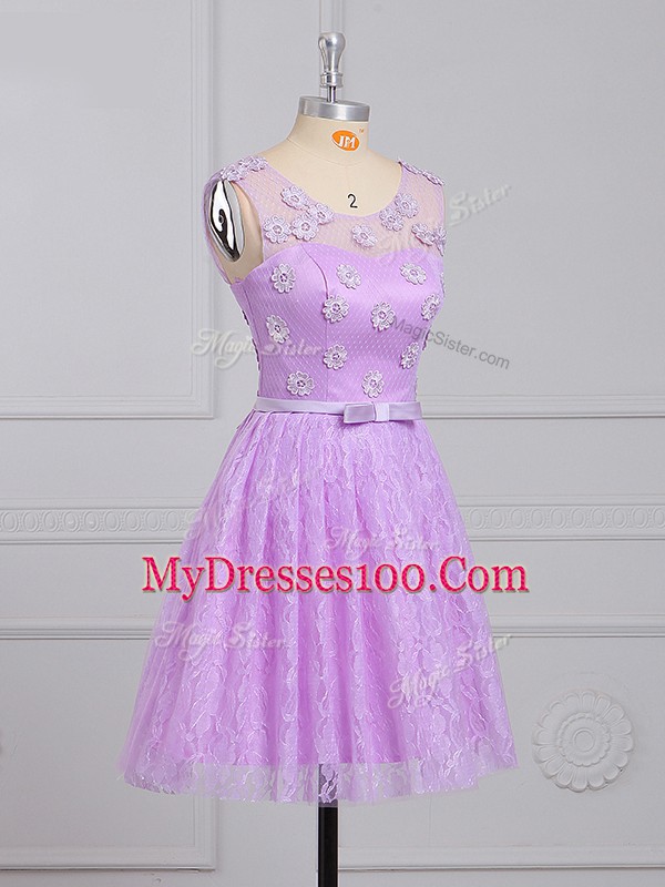 Lilac Lace Lace Up Bridesmaid Dress Sleeveless Mini Length Appliques and Belt