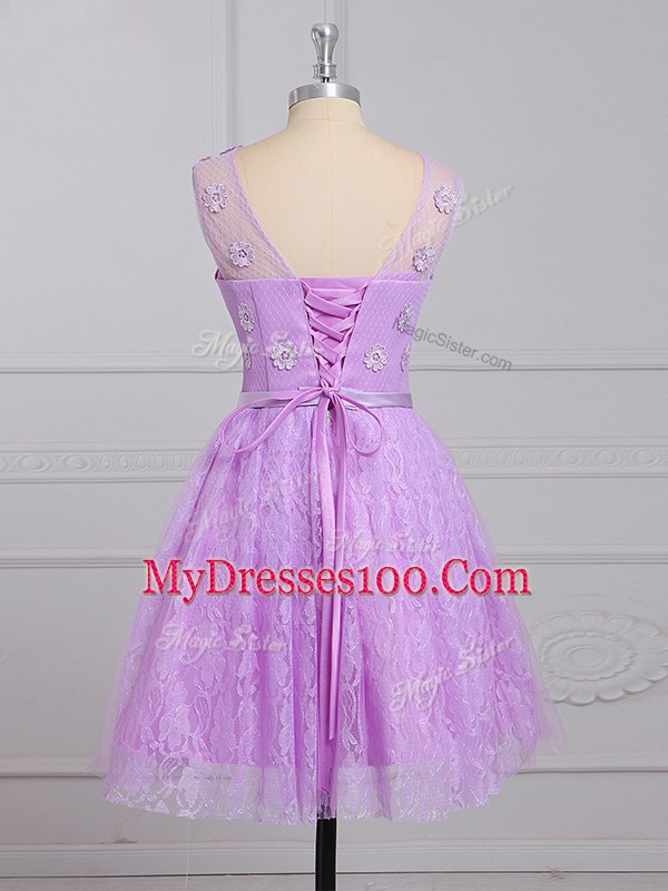 Lilac Lace Lace Up Bridesmaid Dress Sleeveless Mini Length Appliques and Belt