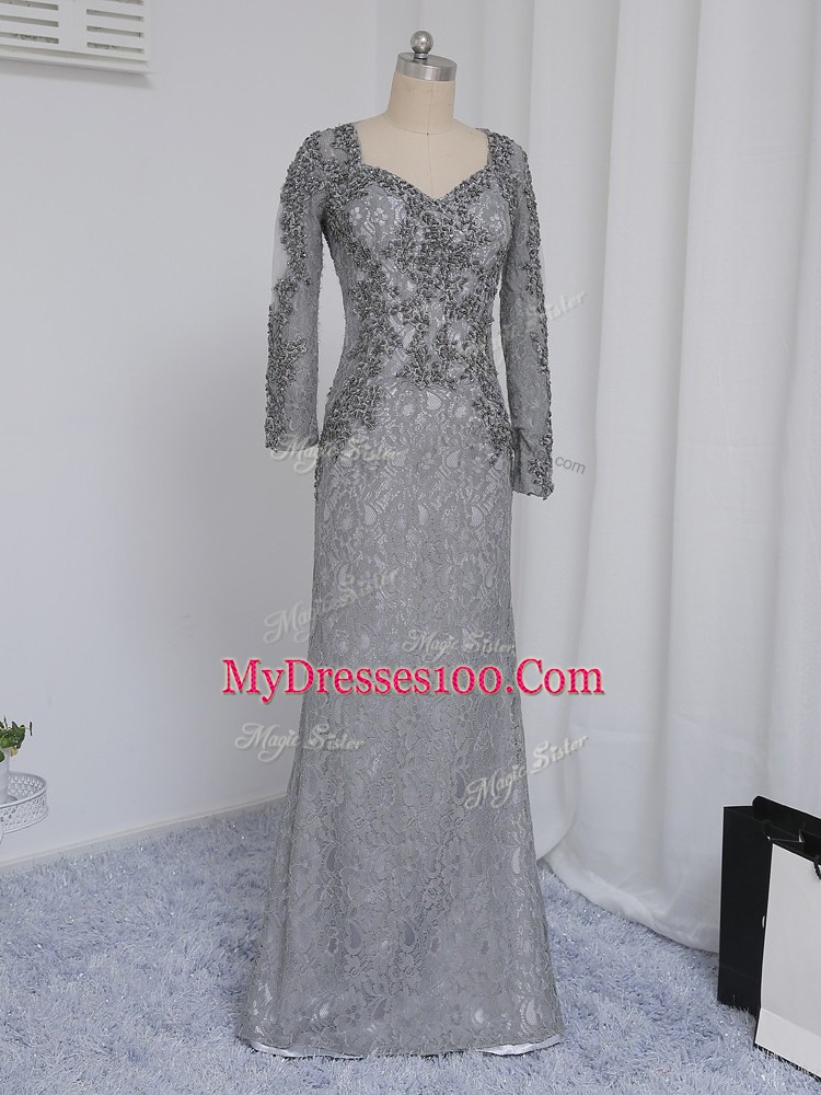 Delicate Grey Lace Zipper Sweetheart Long Sleeves Floor Length Mother of Bride Dresses Beading and Lace