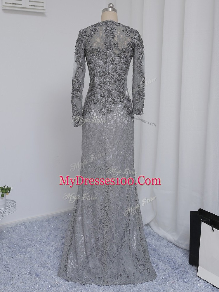 Delicate Grey Lace Zipper Sweetheart Long Sleeves Floor Length Mother of Bride Dresses Beading and Lace
