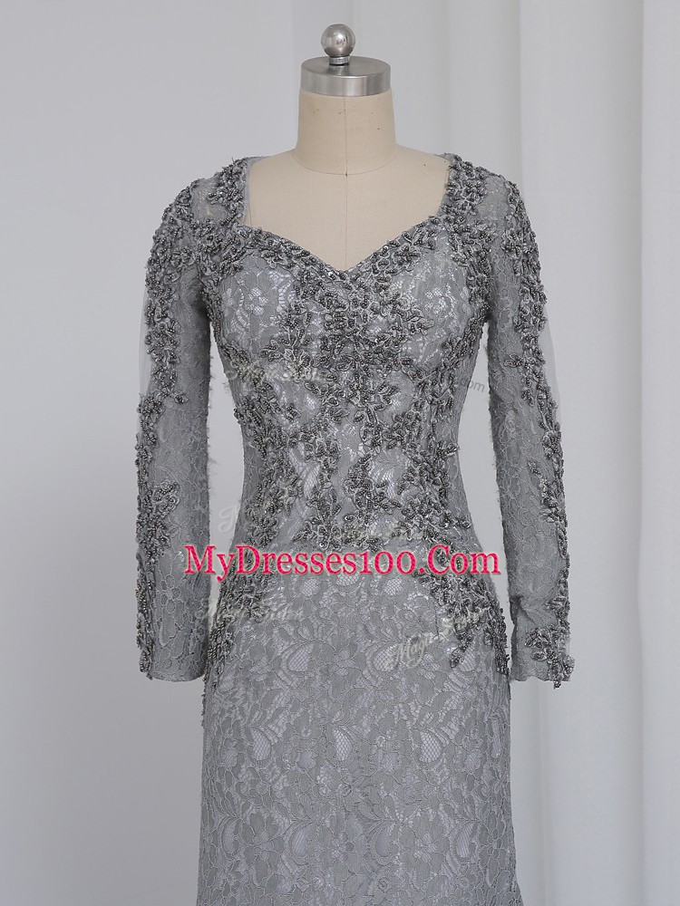 Delicate Grey Lace Zipper Sweetheart Long Sleeves Floor Length Mother of Bride Dresses Beading and Lace