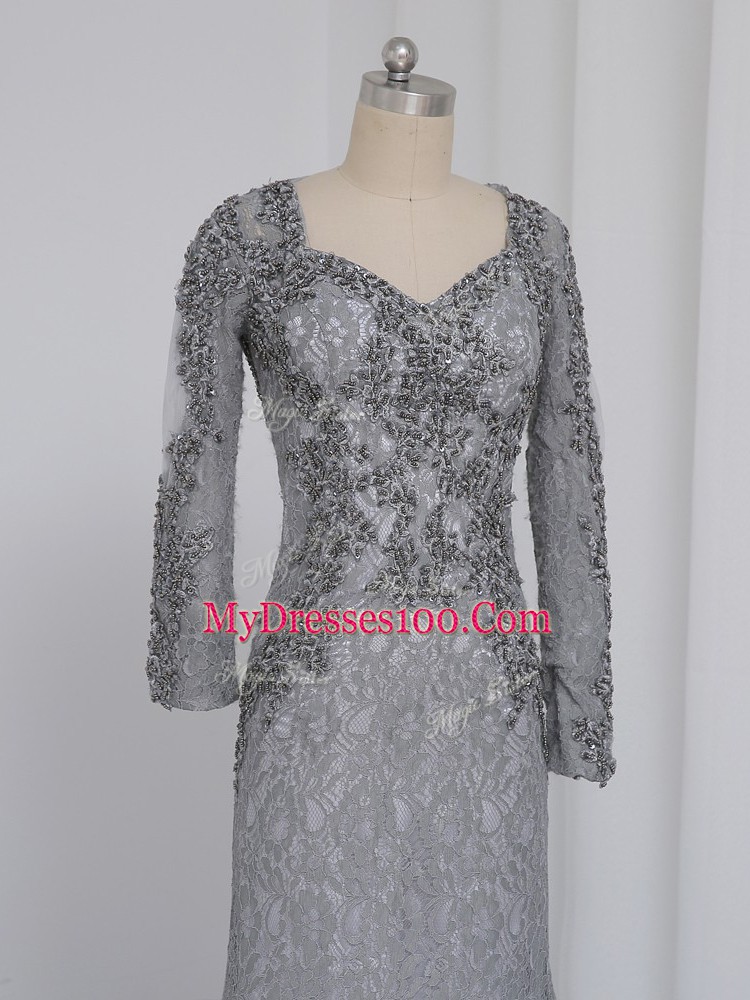 Delicate Grey Lace Zipper Sweetheart Long Sleeves Floor Length Mother of Bride Dresses Beading and Lace