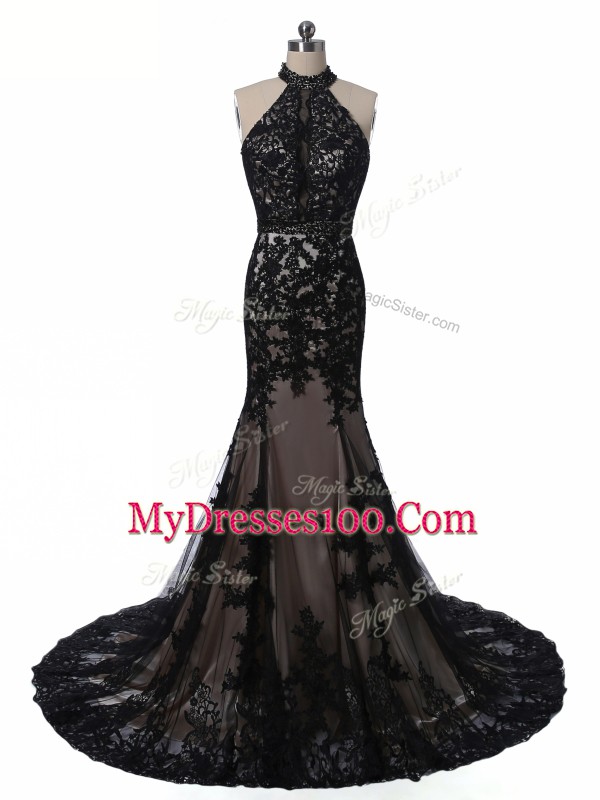 Eye-catching Black Sleeveless Brush Train Lace and Appliques Mother of Bride Dresses