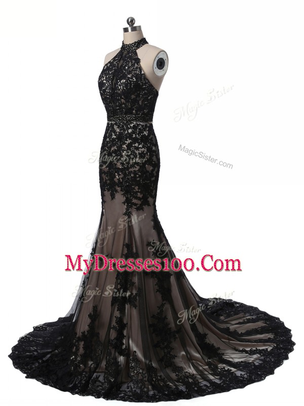 Eye-catching Black Sleeveless Brush Train Lace and Appliques Mother of Bride Dresses